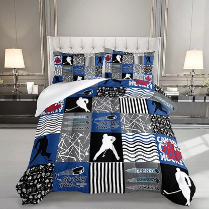 HOSIMA Ice Hockey Full Size Comforter Sets for Boys Kids Teens Bedroom Decor,Soft Microfiber Sports Theme Blue and Gray Hockey Bedding with 2 Pillowcases,Hockey Player Bedding Comforters & Sets.