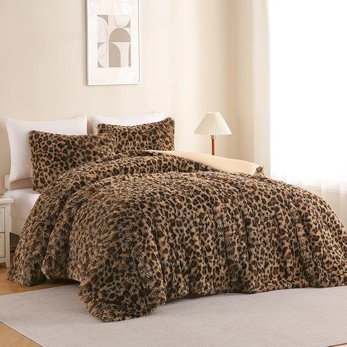 Cheetah Print Fluffy Faux Fur Comforter Set Queen Size, 3 Pieces Brown Leopard Plush Shaggy Fuzzy Bedding Set, Ultra Soft Luxury Furry Boho Animal Print Winter Warm Comforter for Women Gilrs