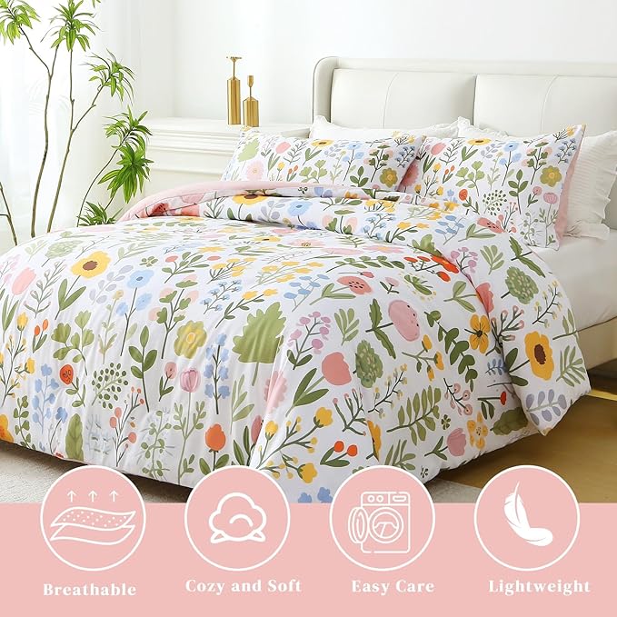 King Comforter Set Pink 3 Pieces Bed in a Bag, Colorful Floral Bedding Sets Elegant Botanical Bed Set, Lightweight Soft Comforter with 2 Pillowcases for All Season