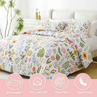 Queen Comforter Set Pink 3 Pieces Bed in a Bag, Colorful Floral Bedding Sets Elegant Botanical Bed Set, Lightweight Soft Comforter with 2 Pillowcases for All Season