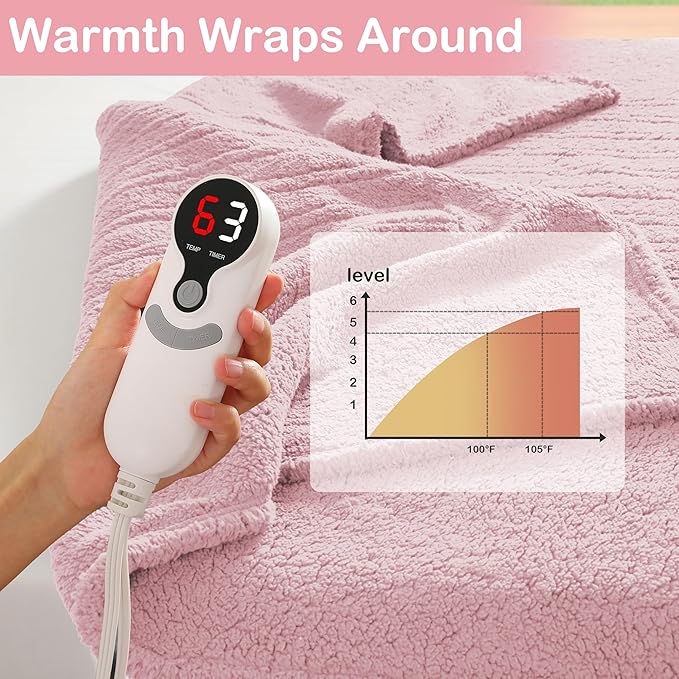Electric Heated Blanket Full Size 72"×84" with 9 Heating Levels & 1-10Hs Auto Off，Double Sided Plush Sherpa, Energy Efficient, Machine Washable, for Couch & Bed, Light Pink