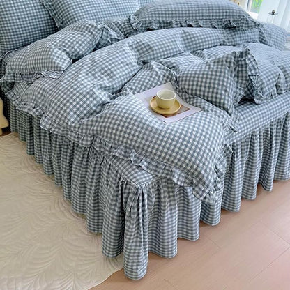 mixinni Vintage Blue Gingham Ruffle Comforter Set 3-Piece Washed Cotton Full Size Grid Bedding Set with Geometric Checkered Pattern, Farmhouse Chic Soft Fluffy Comforter for All-Season