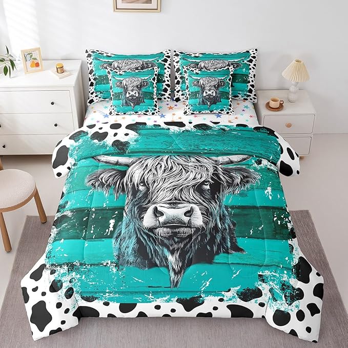 Erosebridal Highland Cow 7 Piece Bedding Set Queen Size,Rustic Cowhide Bed in a Bag,Cow Pattern Bed Set Includes Comforter, Sheet Set, Pillowcases & Pillow Covers All Season Bedroom Decor