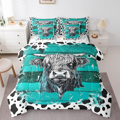 Erosebridal Highland Cow 7 Piece Bedding Set Queen Size,Rustic Cowhide Bed in a Bag,Cow Pattern Bed Set Includes Comforter, Sheet Set, Pillowcases & Pillow Covers All Season Bedroom Decor