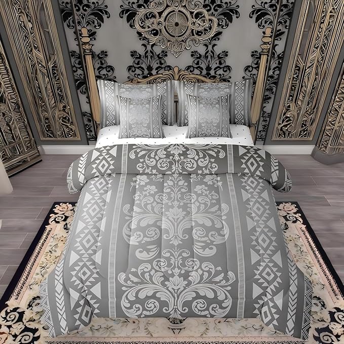 Comforter Set King Size, Light Grey Damask Aztec 7 Pcs Bedding for Kids and Adults, Antique Decor Western Baroque Gothic Bed Sheet Sets with Fitted Sheet 2 Pillowcases & 2 Shams for Bedroom Bed Decor
