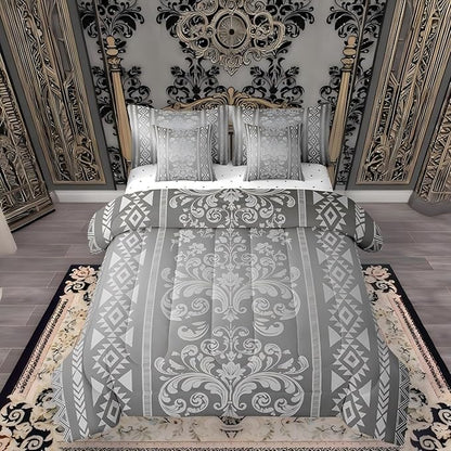 Comforter Set King Size, Light Grey Damask Aztec 7 Pcs Bedding for Kids and Adults, Antique Decor Western Baroque Gothic Bed Sheet Sets with Fitted Sheet 2 Pillowcases & 2 Shams for Bedroom Bed Decor