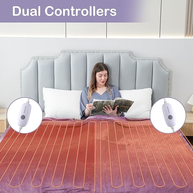 Electric Heated Blanket Queen Size 84"x90", Soft Plush Microplush for Bed, Dual Controllers & Heating Zones, 10Hs Auto Off & 5 Heating Levels, Machine Washable, Gifts for Family-Light Purple