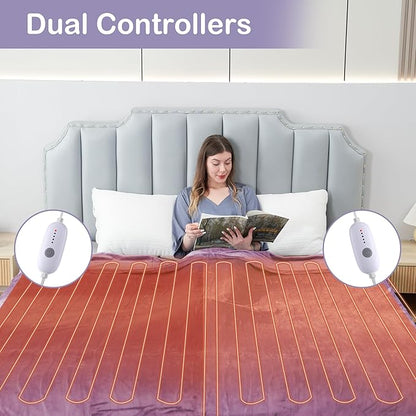 Electric Heated Blanket Queen Size 84"x90", Soft Plush Microplush for Bed, Dual Controllers & Heating Zones, 10Hs Auto Off & 5 Heating Levels, Machine Washable, Gifts for Family-Light Purple