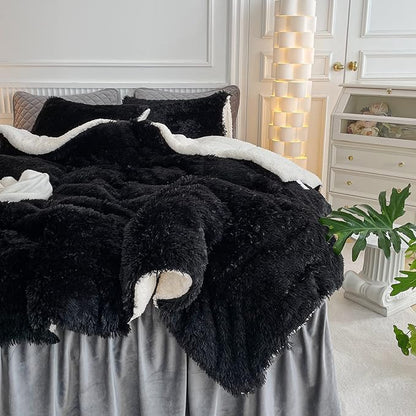 UOZZI BEDDING Black Faux Fur Comforter Set Queen 3 Pieces - 1 Black Shaggy Comforter Set 90x90 and 2 Pillowcases, Ultra Soft and Easy Care Luxury Plush Shaggy Duvet Set