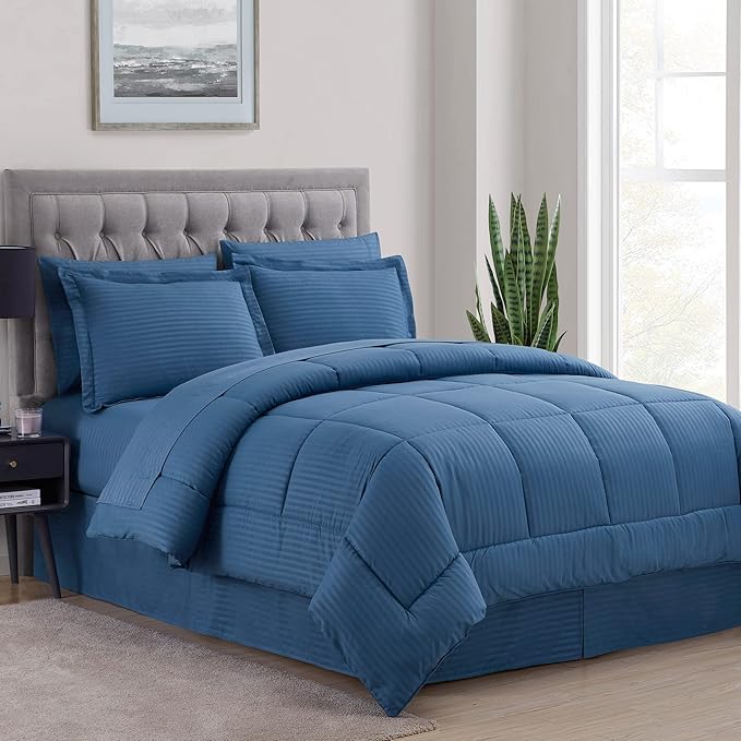 8 Piece Comforter Set Bag with Dobby Stripe Design, Case Pack (Pack of 3)
