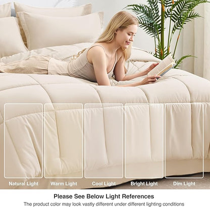 Love's cabin King Size Comforter Set Beige, 7 Pieces King Bed in a Bag, All Season Bedding Sets with 1 Comforter, 1 Flat Sheet, 1 Fitted Sheet, 2 Pillowcase and 2 Pillow Sham