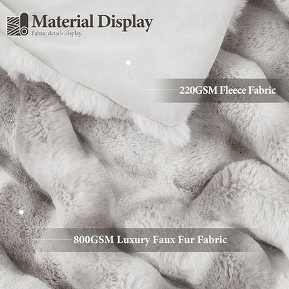 Touchat Luxury 1000GSM Faux Rabbit Fur Throw Blanket, Super Heavy Warm Cozy Grey Blankets for Couch Bed Sofa, Ruched Plush Fuzzy Elegant Soft Reversible Mink Blanket for Living Room Bedroom