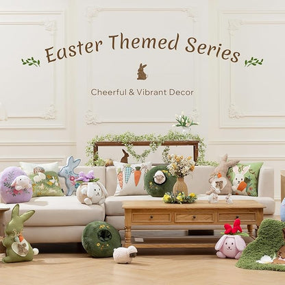 Phantoscope Happy Easter Egg Shaped Throw Pillow with Bunny, Teddy Fleece Soft Egg Pillow with Floral Embroidered Decorative Pillows for Couch Sofa Bed Chair, Favors Gifts, Purple, 14.5 x 12.5 Inches