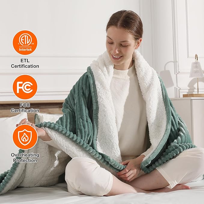 Heated Blanket Throw 50''x60'', Heating Blanket Striped Flannel & Thicker Sherpa, 5 Heat Settings & 4 Hour Auto Off with FCC/ETL Certified, Overheat Protection & Machine Washable, Great Gift, Teal