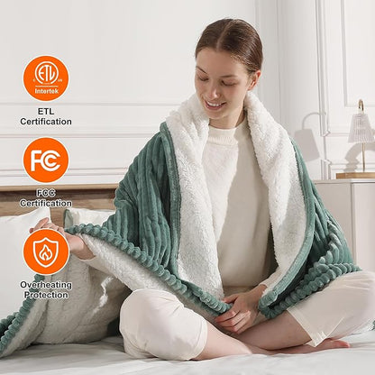 Heated Blanket King Size - Electric Heated Blanket with Dual Controls, 5 Heat Settings, 10-Hour Auto Off, Striped Flannel & Sherpa, FCC/ETL Certified, 90''x100'' Teal