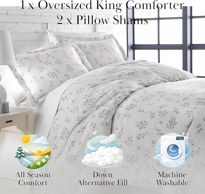 Southshore Fine Living, Inc. 3-Piece Oversized Comforter King Size, Down Alternative Floral Comforter with Matching Shams, Soft Flowered Bedspread for California/King Mattress, Sweet Florals Grey
