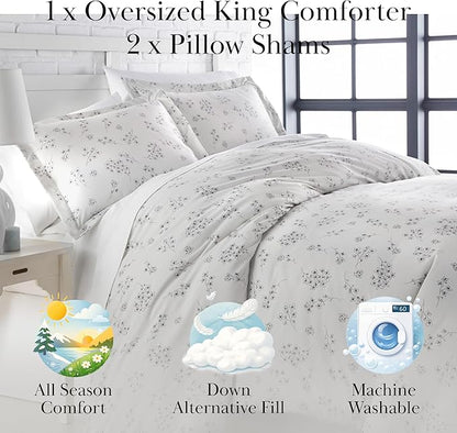 Southshore Fine Living, Inc. 3-Piece Oversized Comforter King Size, Down Alternative Floral Comforter with Matching Shams, Soft Flowered Bedspread for California/King Mattress, Sweet Florals Grey