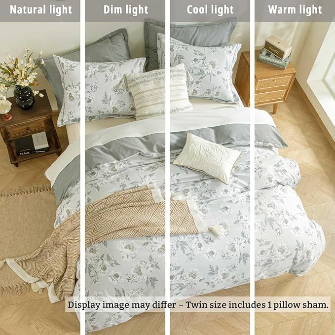 Floral Cotton Comforter Twin Size - Light Grey Comforter Printed with Vintage Ivory Flowers & Dark Yellow Stamens,Reversible Lightweight Bedding Sets 2Pcs(68"×90")