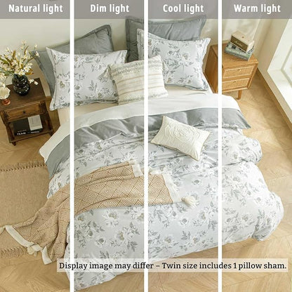 Floral Cotton Comforter Twin Size - Light Grey Comforter Printed with Vintage Ivory Flowers & Dark Yellow Stamens,Reversible Lightweight Bedding Sets 2Pcs(68"×90")