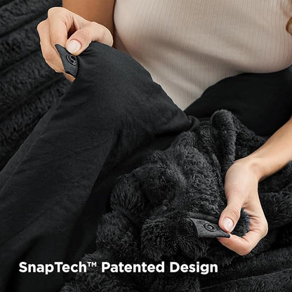 Bedsure Gentlesoft™ 2-in-1 Queen Comforter Set and Detachable Fluffy Blanket, Black Bedding Set for All Season Use, SnapTech™ Design for Space Saving (Includes 2 Pillow Shams, 2 Pillowcases)