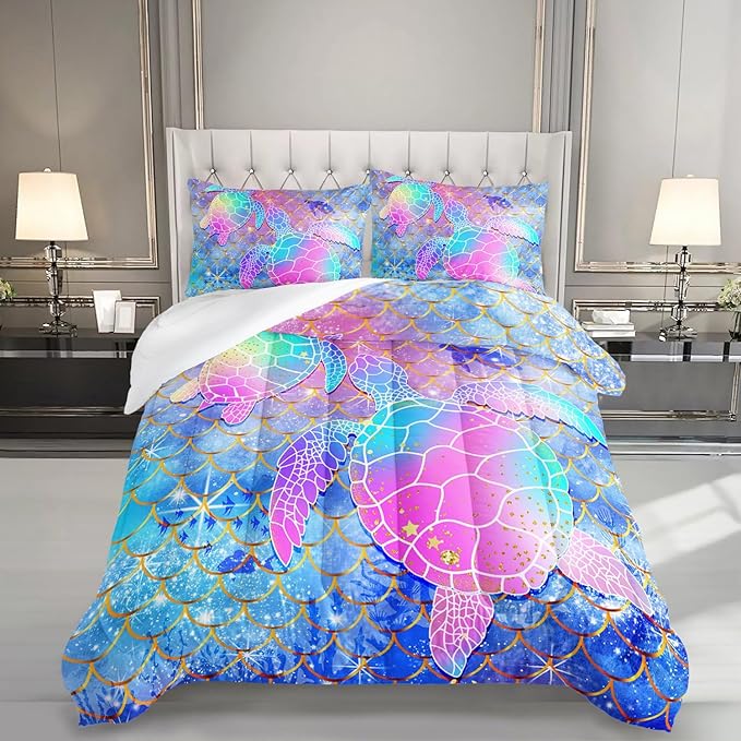 Mermaid Scales Bedding Set for Girls,Rainbow Scales Mermaid Printed Comforter Set Twin Size for Kid Women,Glitter Star Bed Set Quilts Set Lightweight