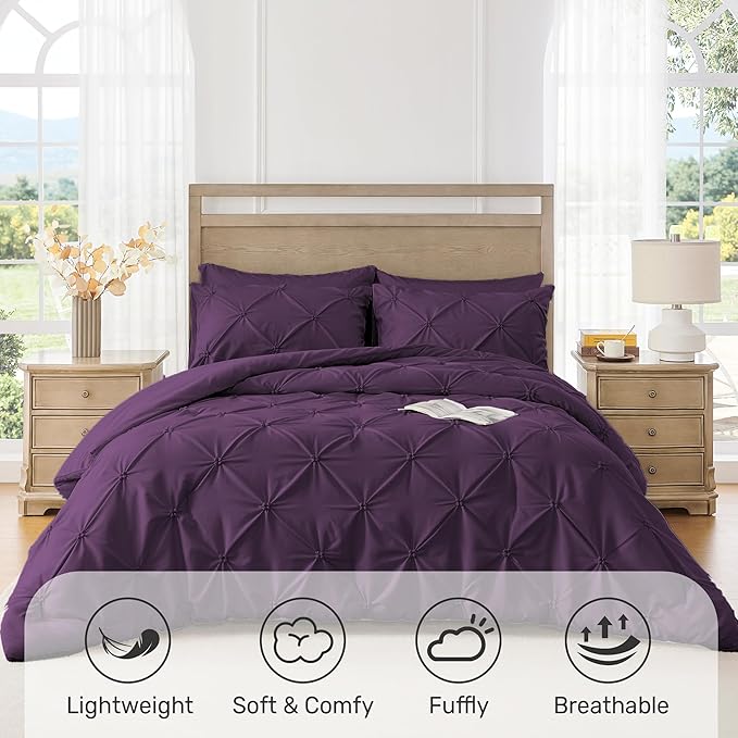 UNIKOME King Size Comforter Set Purple - Ultra Soft Boho Pintuck Down Alternative Bedding Set for All Seasons, 3 Pieces Lightweight Warm Pinch Pleat Bed Set with Comforter, 2 Pillowcases