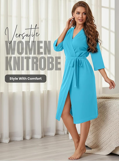 NY Threads Women's Robe Long Knit Bathrobe 3/4 Sleeves Soft Kimono Lightweight Loungewear