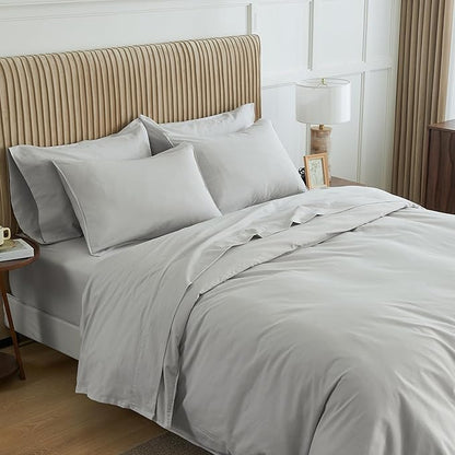 Simple&Opulence Belgian Linen Sheet Set Solid Color - 6 Pieces (1 Flat Sheet & 1 Fitted Sheet & 4 Pillowcases) 16" Deep Pocket Natural Flax Cotton Blended Soft Bedding - Khaki Grey, Queen Size