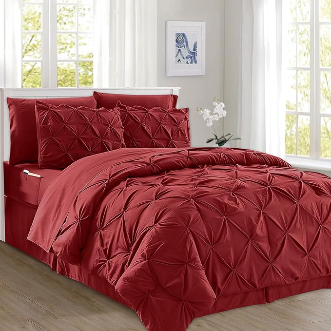 Elegant Comfort 8-Piece Pinch Pleated Comforter Set - All Season Complete Bed in a Bag, Includes 4pc Smart Sheet Set, Bed Skirt, Comforter, Matching Pillowcases and Shams, King/Cal King, Wine Red