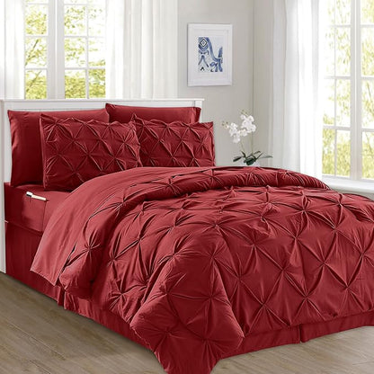 Elegant Comfort 8-Piece Pinch Pleated Comforter Set - All Season Complete Bed in a Bag, Includes 4pc Smart Sheet Set, Bed Skirt, Comforter, Matching Pillowcases and Shams, King/Cal King, Wine Red