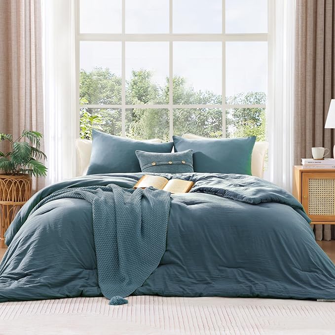 WRENSONGE Full Size Comforter Sets - 3 Pieces Oxford Blue Comforter Prewashed Soft Lightweight for All Seasons, Fluffy Down Alternative Comforter Full Size with 2 Pillow Shams