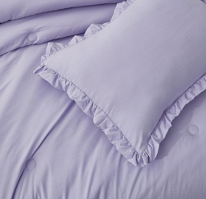 Chezmoi Collection Nora Lavender Comforter Set Oversized King Size 3-Piece Fluffy Soft Lightweight Bedding Ruffled Edge Trim Stone-Washed Microfiber Comforter Set for All Season