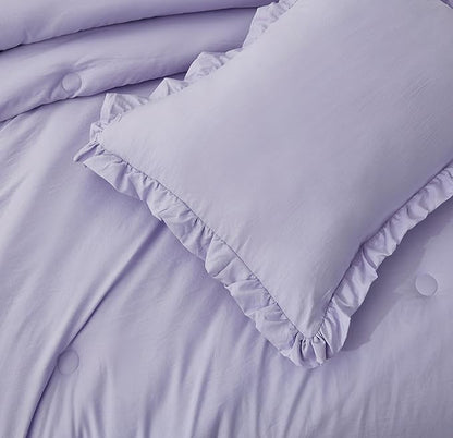 Chezmoi Collection Nora Lavender Comforter Set Twin Size 2-Piece Lightweight Soft Fluffy Ruffled Edge Trim Stone-Washed Microfiber Comforter Set for All Season