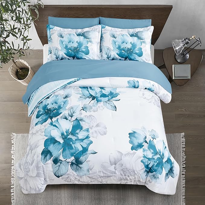 Sunshine Nicole Soft Brushed Microfiber Comforter Set, 7 Pieces King, with Light Weight Soft Poly Fill, Printed Teal Grey Big Florals Face with Print Reverse