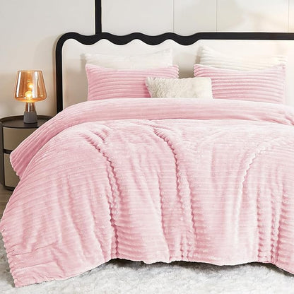 CozyLux Fluffy Full Size Comforter Sets - Super Soft Faux Fur Pink Comforter Full Size, Winter Warm Fleece Bedding Set, 3 Pieces Plush Fuzzy Bed Set (1 Shaggy Comforter, 2 Pillowcases)