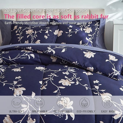 AIKASY Bed in a Bag Queen Comforter Set，7 Pieces Floral Comforter Set Bedding Sets with (1 Comforter, 2 Pillow Shams, 1 Flat Sheet, 1 Fitted Sheet, 2 Pillowcases) (Navy, Queen)