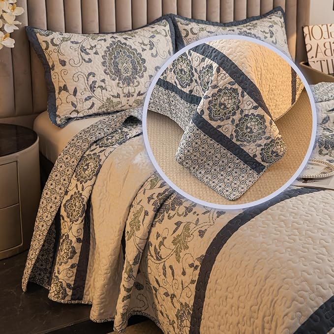 Bohemian King Size Quilt Comforter Bedding Set -3 Pieces Red Quilts (1 Quilt, 2 Pillow Shams) Bedding Set, All Season Lightweight Bedspreads Sleep Companion(Dark Blue)