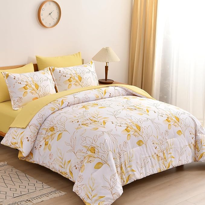 WONGS BEDDING Yellow Botanical Comforter Set Queen, 7 Pieces Floral Bed in a Bag Gloden Leaves Bedding Set Soft Microfiber Queen(1 Comforter,2 Pillowcase,2 Pillow Shams,1 Flat Sheet,1 Fitted Sheet)