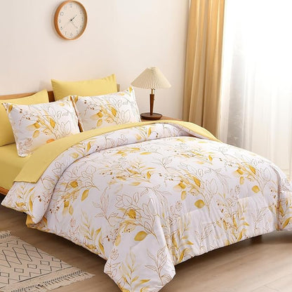 WONGS BEDDING Yellow Botanical Comforter Set Full, 7 Pieces Floral Bed in a Bag Gloden Leaves Bedding Set Soft Microfiber Full(1 Comforter,2 Pillowcase,2 Pillow Shams,1 Flat Sheet,1 Fitted Sheet)