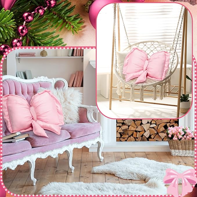 Pink Bow Pillow Large Decorative Soft Pillow 18 x 16 Inch Coquette Bow Room Decor Soft Bowknot Decorations for Galentine's Day Valentines Cushion Bed Sofa Couch Home Decorations