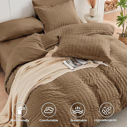 HYMOKEGE Brown King Size Comforter Set Seersucker 7 Pieces, All Season Luxury Bed in a Bag for Bedroom, Bedding Set with Comforter, Sheets, Pillowcases & Shams