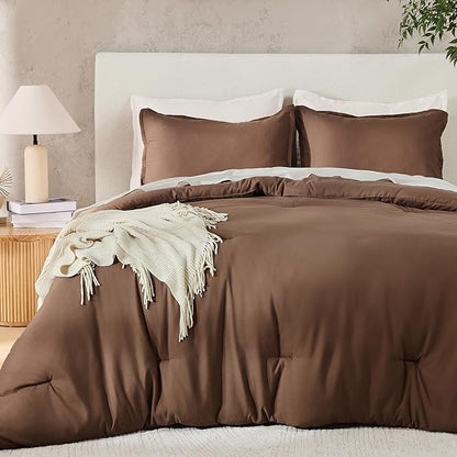 Andency Dark Brown Queen Size Comforter Set, 3 Pieces Boho Solid Bedding Comforters & Sets, Modern Reversible Soft Lightweight All Season Bed Set for Men Women (90x90Inch Comforter & 2 Pillowcases)