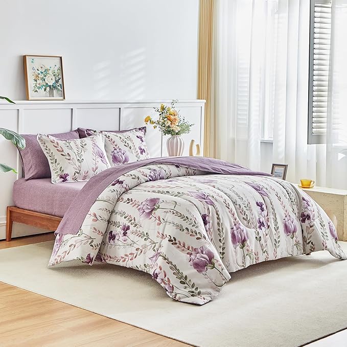 AIKASY Bed in a Bag 7-Piece King Comforter Set - Soft Microfiber Bedding with Elegant Floral, Lightweight and Breathable for All-Season (Regal Purple)
