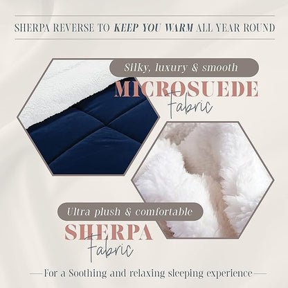 Elegant Comfort Super Soft Sherpa Comforter 3-Piece Set Premium Quality, Heavy Weight Reversible Down Alternative Micro-Suede, Sherpa Comforter, Queen, Midnight Navy