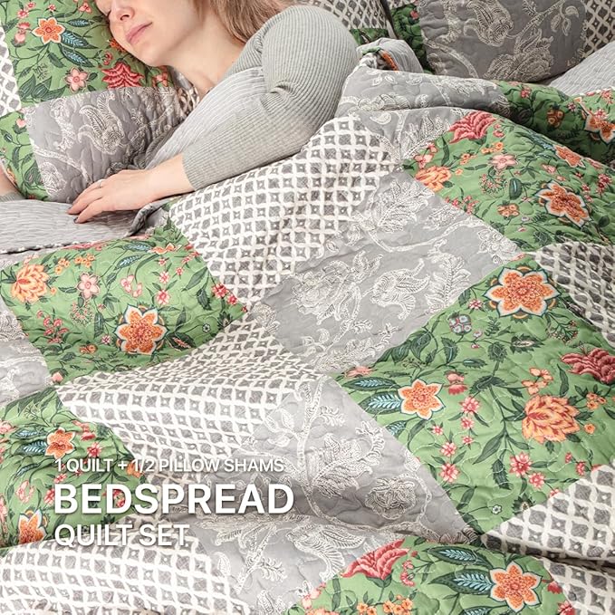 Quilt Set King Size Floral Patchwork Quilted, Soft Comforter Set Bedding Sets, Coverlet Bedspread Decorative Quilts with 2 Pillow Shams 90"x104"