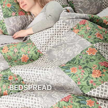 Quilt Set Queen Size Floral Patchwork Quilted, Soft Comforter Set Bedding Sets, Coverlet Bedspread Decorative Quilts with 2 Pillow Shams 90"x90"