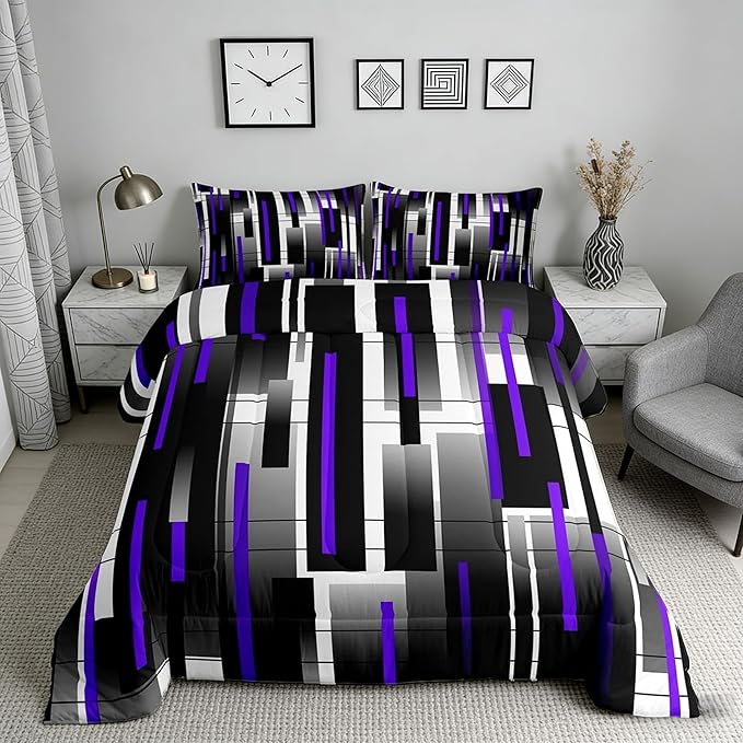 Castle Fairy Teens Black Purple Abstract Comforter Set Queen Size,Modern Bedding Set for Kids Boys Girls Bedroom Decoration,Stripes Art Bed Duvet Insert,Square Grid Comforter with 2 Pillowcases