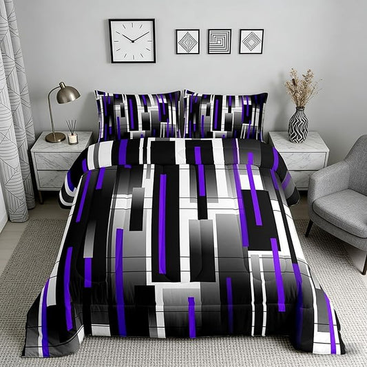 Castle Fairy Teens Black Purple Abstract Comforter Set Queen Size,Modern Bedding Set for Kids Boys Girls Bedroom Decoration,Stripes Art Bed Duvet Insert,Square Grid Comforter with 2 Pillowcases