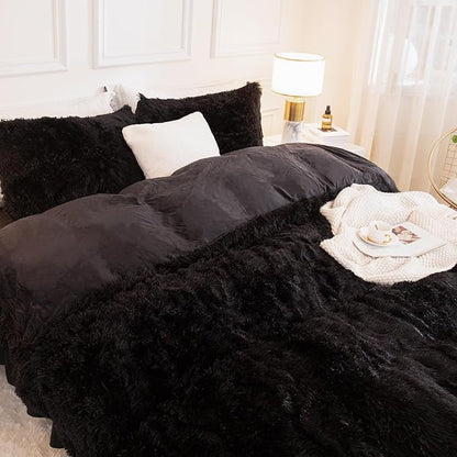 Andency Comforter Full Size Set Black, Fluffy Winter Faux Fur Warm Soft Plush Bedding Comforter Set (1 Velvet Comforter & 2 Pillowcases), Fuzzy Thick Heavy Puffy Comforters Bed Set