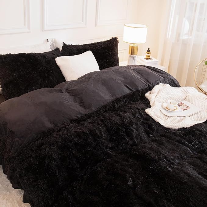 Andency Queen Comforter Set Black, Fluffy Winter Faux Fur Warm Soft Plush Bedding Comforter Set (1 Velvet Comforter & 2 Pillowcases), Fuzzy Thick Heavy Puffy Comforters Bed Set